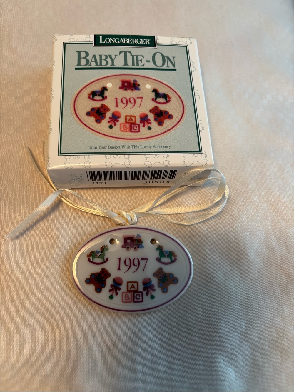 Longaberger Cream and Pink 1997 Baby Tie-On